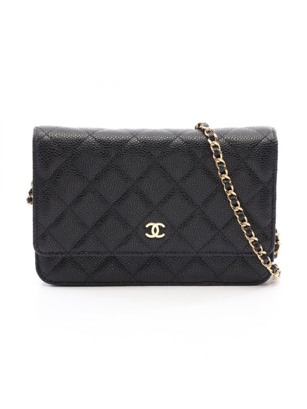 Chanel Shoulder Bag Quilted Black Caviar Leather Chain Wallet